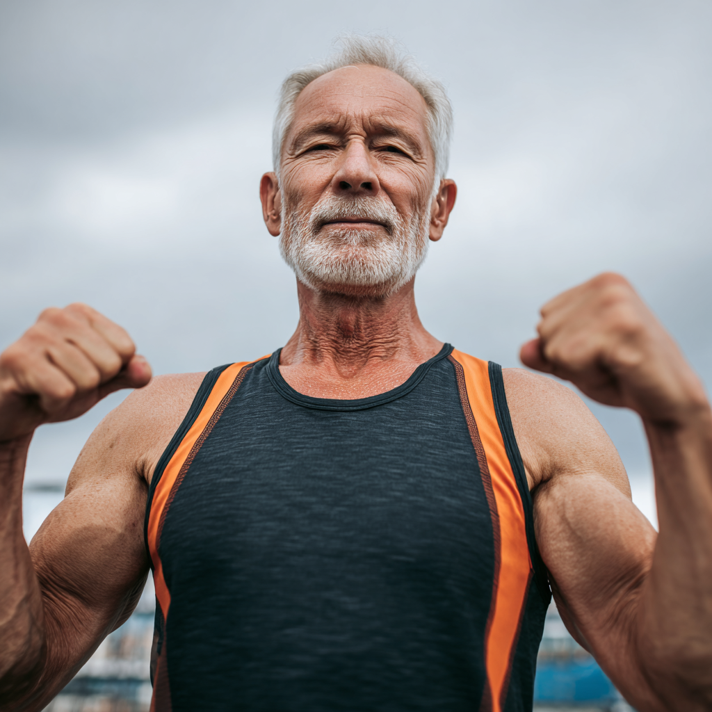 Smiling mature European man in fitness attire showing confidence and strength